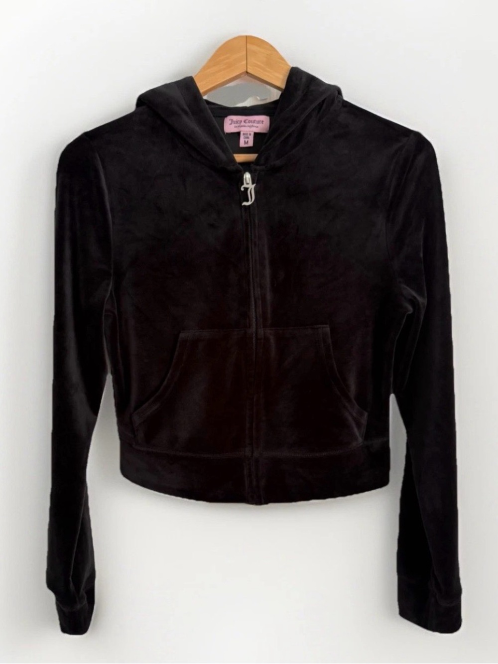 Juicy Couture Women’s Y2K Velour Zip Up Jacket Embellished Black Size M Cropped
